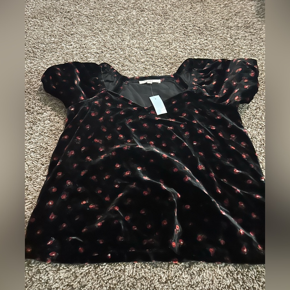 LOFT Black Blouse with Red Floral Design